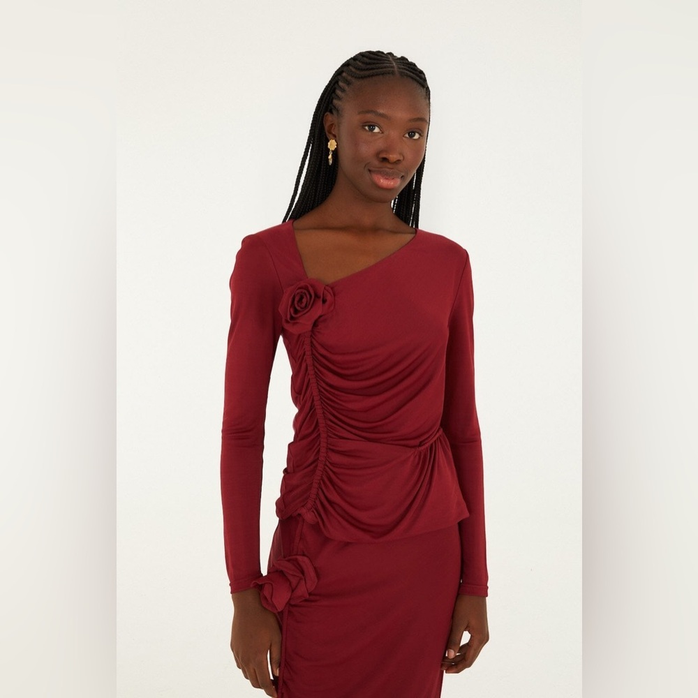 Farm Rio Burgundy 3d Flower Draped Long Sleeve Blouse